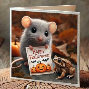 Printable Halloween card for children. The picture on the front of the card is of a cute mouse wishing happy Halloween to a toad.