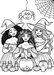 A free printable colouring page of three diverse witches cooking up a spell together in their cauldron.