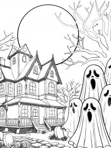 Children's colouring page of a haunted house with ghosts looming outside.