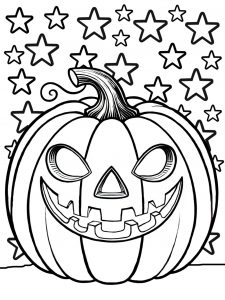 Children's colouring page of a Halloween pumpkin against a starry sky.