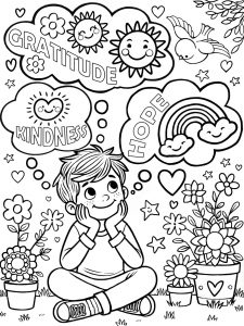 Boy sitting and thinking surrounded pot plants full of flowers, and cloud bubbles reminding him of positive emotions and values, such as gratitude, kindness, and hope – Mental Health Colouring Page for Children.