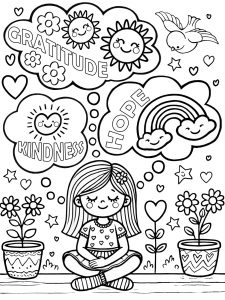 Girl sitting cross-legged surrounded by flowering pot plants and cloud bubbles containing positive words like gratitude and hope – Children’s Mental Health Colouring Page.