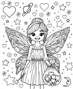 Printable colouring page of a Tooth Fairy with detailed wings, holding a magic wand and a sack of collected teeth, surrounded by stars, hearts, and a crescent moon.