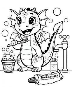 Printable colouring page of a friendly dragon brushing its teeth by a sink, with bubbles floating around and a bottle of soap nearby.