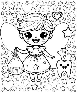 Printable colouring page of a simple, smiling Tooth Fairy holding a sack labeled 'TEETH,' surrounded by stars, hearts, and comical happy teeth.