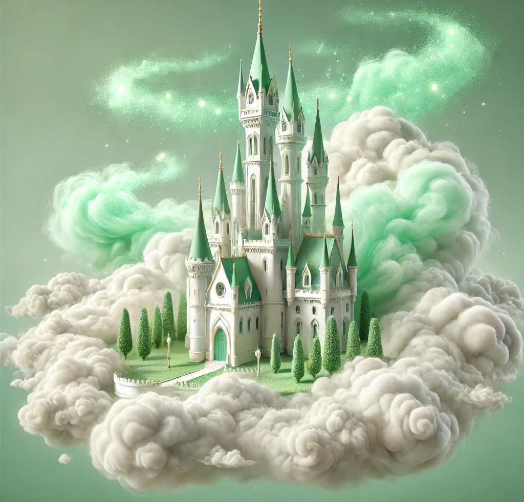 A beautiful white castle with green rooftops floats among soft, billowing clouds, surrounded by a swirling mist tinged with spearmint green—home to the Tooth Fairy, known as Minty Mist Mansion.