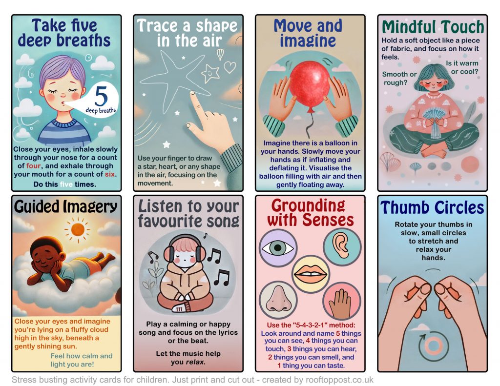 A set of printable stress-busting activity cards for children, featuring simple mindfulness and relaxation exercises such as deep breathing, tracing shapes, guided imagery, and grounding with senses.