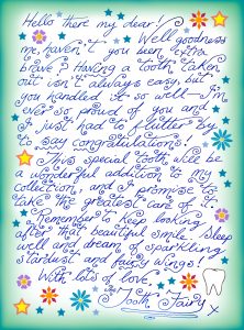 A beautifully handwritten Tooth Fairy note congratulating a child on their bravery after having a tooth extracted, decorated with stars, flowers, and a magical fairy touch.