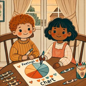 Two children of different ethnic backgrounds sitting at a table, happily colouring in a Feelings Pie Chart worksheet. They are smiling, sharing crayons, and engaging in the activity in a cosy, nurturing home environment.