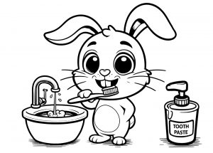 Printable colouring page of a rabbit brushing its teeth at a sink, with a bottle of toothpaste and a running tap.