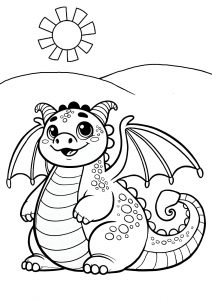 Adorable cartoon-style curvy dragon with a big smile, standing happily under the sun with rolling hills in the background. A friendly and inclusive dragon colouring page for kids.