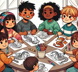 A diverse group of children sitting around a table, happily colouring in dragon-themed colouring pages. The children have different ethnic backgrounds, hairstyles, and skin tones, using crayons and markers to bring their dragons to life. A joyful and creative scene, perfect for promoting inclusivity and artistic fun.