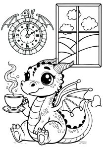 Adorable cartoon-style dragon sitting happily with a steaming cup of tea, next to a dragon-themed clock and a window showing a peaceful landscape. This is a friendly dragon colouring page for kids.