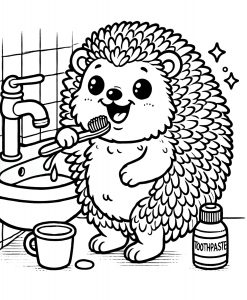 Printable colouring page of a happy hedgehog brushing its teeth by a sink, with a cup, toothpaste, and a running tap.