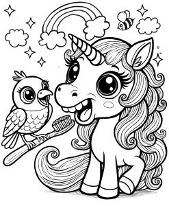 Printable colouring page of a happy unicorn getting its teeth brushed by a friendly bird holding a toothbrush.