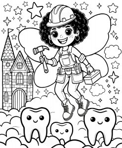 A colouring page of a builder Tooth Fairy wearing overalls and a hard hat, carrying a hammer and toolbox, with curly hair, flying among smiling teeth and Fairyland castles in the clouds.