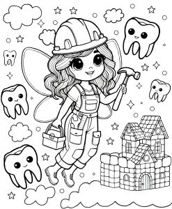 A colouring page of a builder Tooth Fairy wearing overalls and a hard hat, carrying a hammer and toolbox, with wavy hair, flying among smiling teeth and Fairyland castles in the clouds.