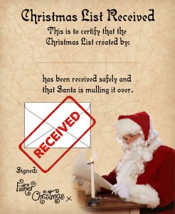 Certificate to let a child know Santa has received their Christmas list