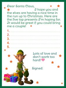 Template of a letter to Santa with a colourful elf design