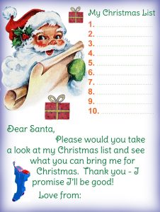 Printable letter to Santa listing the presents your child would like him to bring