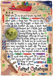 A free printable letter from Father Christmas for a child to read on Christmas Morning. This one describes how Santa had to fly so high on his journey around the Earth, that he ended up stopping for a cuppa on the moon.